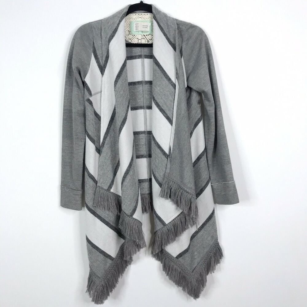 Anthropologie Saturday Sunday XS Gray Elise Striped Fringe Sweater Cardigan Cozy